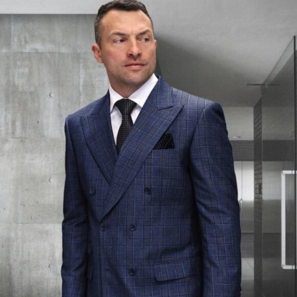 Mens Double Breasted Wool Suit Grey Plaid Regular Fit Sapphire - Picture 1 of 2